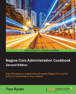 Cover of book titled “Nagios Core Administration Cookbook” with a timelapse photo of traffic